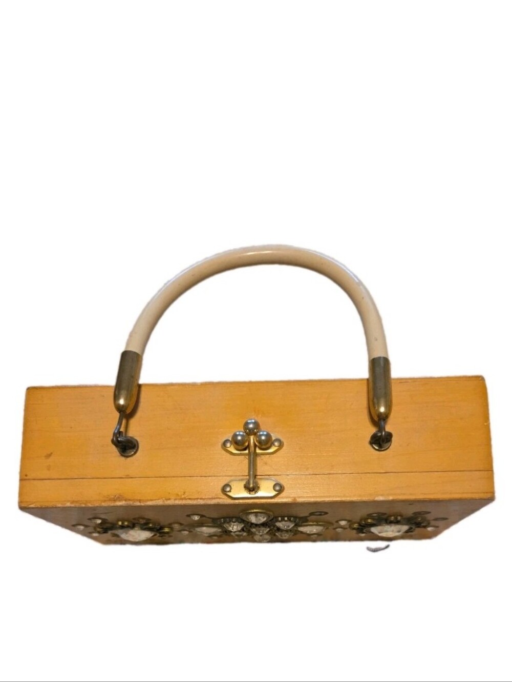 Vtg Enid Collins Tres Flores Wooden Rhinestone Handbag Box Bag Purse - Picture 9 of 13